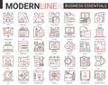 Business thin red black line icon vector illustration set with office objects, equipment and documents for financial