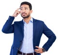 Business, thinking and confused asian man in studio, white background or doubt of stress, questions and fear of future Royalty Free Stock Photo