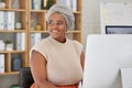 Business, thinking or happy black woman with ideas while working on search engine, email or project research. Strategy Royalty Free Stock Photo