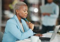 Business thinking, laptop focus and black woman, creative agent or person contemplating brand advertising plan. Project Royalty Free Stock Photo