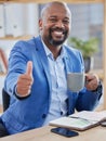 Business, thumbs up and black man with coffee, office and success for marketing strategy. Male entrepreneur, ceo or