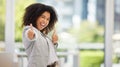 Business thumbs up, happy and black woman excited with high energy, crazy and thumbsup for marketing success or growth