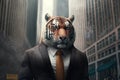 Business tiger in a suit, outdoor portrait. Generative ai