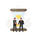 Business time management illustration. Businessmen make a contract before hourglass. Small people stand near big Royalty Free Stock Photo