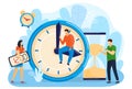 Business time management vector illustration, cartoon flat tiny manager character team managing work time with alarm