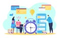 Business Time Management Vector Illustration, Cartoon Tiny People, Flat Characters Solving Work Task Near Big Clock Icon