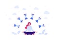 Business time management and work life balance concept. Vector flat person illustration. Female sitting in meditation pose juggle