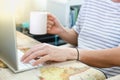 Business, Time, Technology, Work from home, Shelter in place Concept. Businessman typing and using desktop computer with holding a Royalty Free Stock Photo