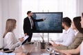 Business trainer using interactive board in meeting room during presentation Royalty Free Stock Photo