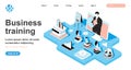 Business training isometric concept. Coach teaches company employees, professional development courses, education line flat