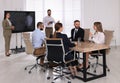 Business training. People in meeting room with interactive board Royalty Free Stock Photo