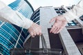 Business transfer deal. handover of a suitcase for money partners Royalty Free Stock Photo