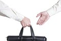 Business transfer deal. handover of a suitcase for money partners Royalty Free Stock Photo