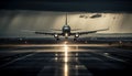 Business travel taking off, commercial airplane approaching illuminated airport runway generated by AI Royalty Free Stock Photo