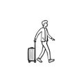 Business traveler walking with suitcase hand drawn outline doodle icon.