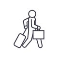 Business traveler walks linear icon, sign, symbol, vector on isolated background