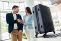 Travelers put baggage on X-ray machine try to detection metal prevention at the airport before take off Royalty Free Stock Photo