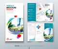 Business tri fold brochure design. Teal, orange corporate business template for tri fold flyer. Layout with modern