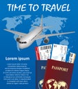 Business trip banner with Passport, tickets, airplane