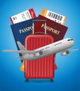 Business trip banner with Passport, tickets, airplane and suitcase on blue background. International Air travel concept