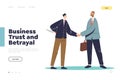 Business trust and betrayal concept of landing page with businessmen shake hands and one hold knife