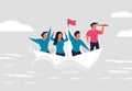 Business under the leadership of the leader. A man leads his team to success. People in a paper boat follow their leader. The Royalty Free Stock Photo