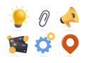 Business universal 3D icons set. Lamp, lightbulb, paper clip, gear, loudspeaker, map pin. Modern 3d render vector icon