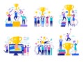 Business victory concept. Successful happy finance managers director winning rewards team with cups vector characters Royalty Free Stock Photo