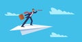 Business vision. Businessman flying on paper plane with telescope, success and ambition symbol, leadership and new idea
