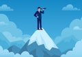 Business vision. Businessman on mountain peak with telescope looking new idea, business startup, visionary forecast