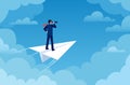 Business vision. Businessman on paper plane with telescope looking new idea. Future strategy, leader and success job Royalty Free Stock Photo