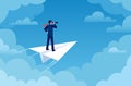 Business vision. Businessman on paper plane with telescope looking new idea. Future strategy, leader and success job, flat vector Royalty Free Stock Photo