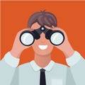 Business vision concept. Man looking through binoculars and see charts Royalty Free Stock Photo