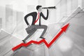 business vision concept. young manager with telescope and case on growing steps arrow with business statistics chart showing Royalty Free Stock Photo