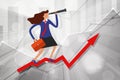 business vision concept. young manager with telescope and case on growing steps arrow with business statistics chart showing