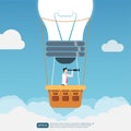 Business vision design concept. Businessman character flying in the sky on hot air balloon and planning ahead. Looking through Royalty Free Stock Photo