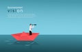 Business vision design concept. Businessman character sailing on paper boat with telescope through ocean. See into the future and Royalty Free Stock Photo