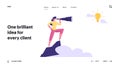 Business Vision, Recruitment Employee Website Landing Page. Businesswoman Stand on Top of Mountain Watching to Spyglass