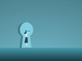 Business vision and solution vector concept with business woman looking through keyhole. Symbol of innovation