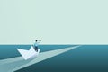 Business vision vector concept with businessman in paper boat. Symbol of future, ambition and success.