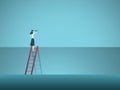 Business vision vector concept with business woman standing on top of ladder above wall. Symbol of overcoming obstacles