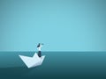 Business vision or visionary vector concept with businesswoman on paper boat with telescope. Symbol of woman leader