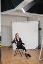 Business vlog shooting backstage woman studio