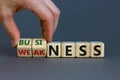 Business or weakness symbol. Businessman hand turns wooden cubes and changes the word `weakness` to `business`. Beautiful grey Royalty Free Stock Photo