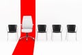 Business White Office Leather Boss Armchair in Row with Simple Chairs over Red Line. 3d Rendering