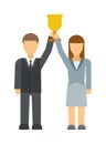 Business winners people group silhouette excited hold hands up raised arms with gold award vector.