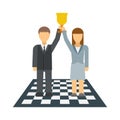 Business winners people group silhouette excited hold hands up raised arms with gold award vector.