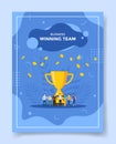 business winning team people front big trophy coin fall for template of banners, flyer, books cover, magazines with liquid shape