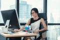 Business Woman Accountant is Woking on Her Table Desktop in Office Workplace, Attractive Beautiful Businesswoman is Concentrate at