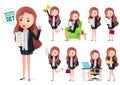 Business woman achievement characters vector set. Business character woman happy holding certificate.